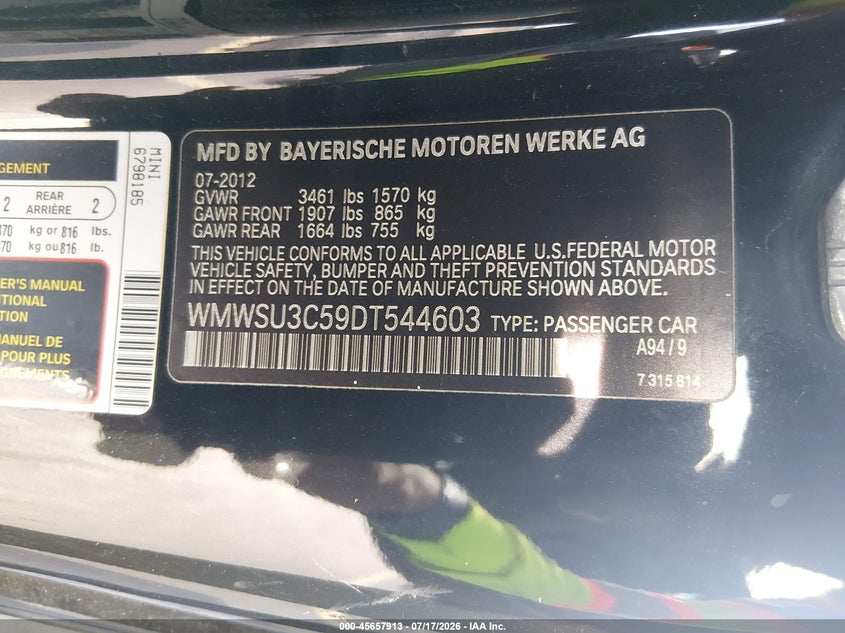 2013 Mini Hard top VIN WMWSU3C59DT544603 IAAI salvage auction — SIDE, Salvage Title, sold $400 on 2026-08-06 (photo 9)