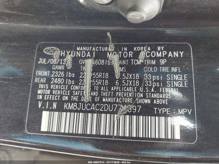 2013 Hyundai Tucson VIN KM8JUCAC2DU774697 IAAI salvage auction — NORMAL WEAR, Clear (Pennsylvania), sold $1,750 on 2026-07-28 (photo 9)