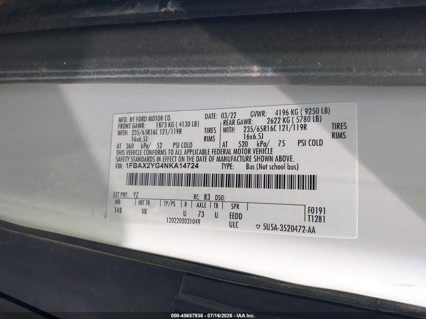 2022 Ford Transit-350 VIN 1FBAX2YG4NKA14724 IAAI salvage auction — NORMAL WEAR, Sf97 (Virginia), sold $19,000 on 2026-07-22 (photo 9)