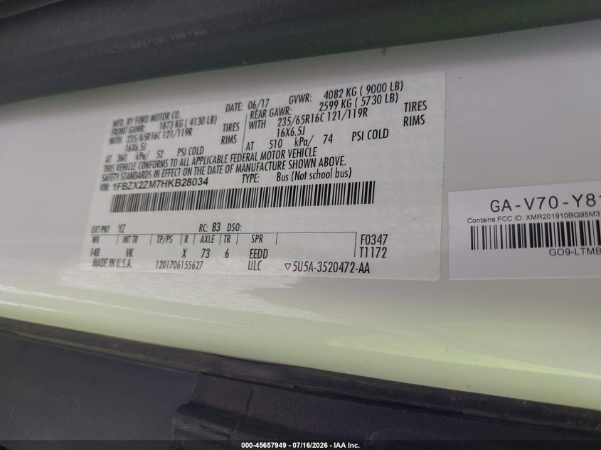 2017 Ford Transit-350 VIN 1FBZX2ZM7HKB28034 IAAI salvage auction — NORMAL WEAR, SF97 (Virginia), sold $25,850 on 2026-07-22 (photo 9)