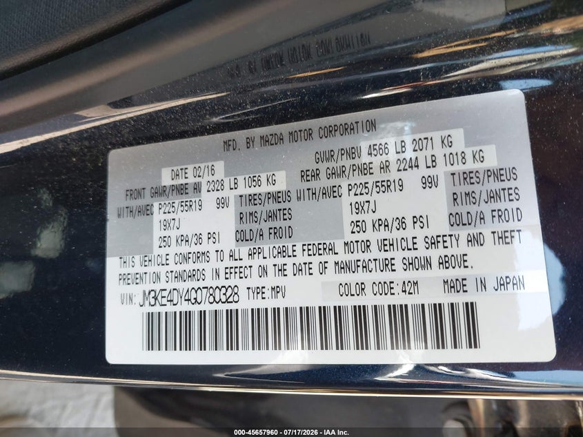 2016 Mazda Cx-5 VIN JM3KE4DY4G0780328 IAAI salvage auction — FRONT END, Clear (Massachusetts), sold $1,600 on 2026-07-30 (photo 8)