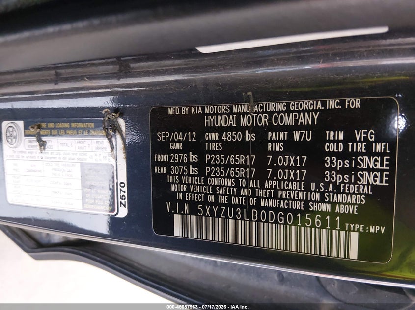 2013 Hyundai Santa fe VIN 5XYZU3LB0DG015611 IAAI salvage auction — NORMAL WEAR, Clear (Virginia), sold $1,650 on 2026-07-24 (photo 9)