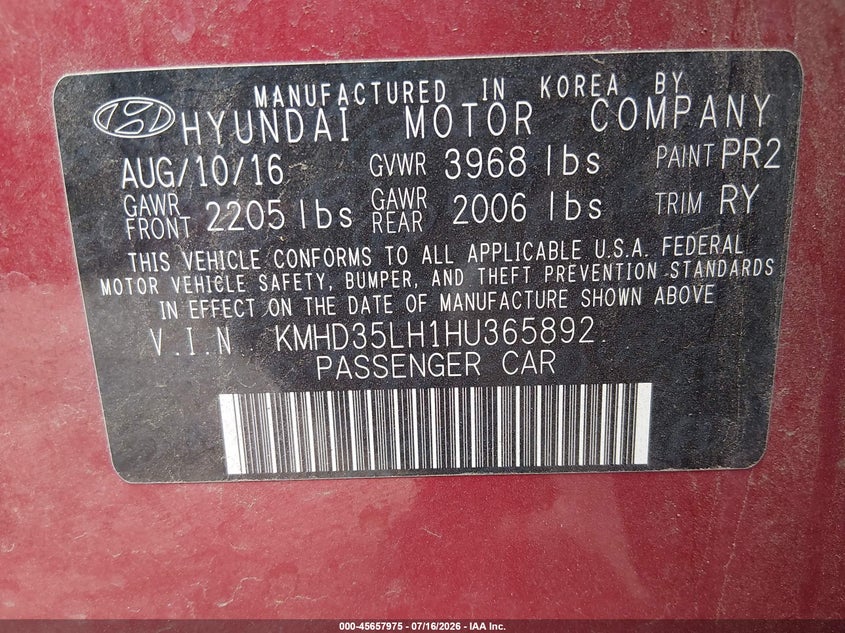2017 Hyundai Elantra VIN KMHD35LH1HU365892 IAAI salvage auction — NORMAL WEAR, Salvage Title, sold $725 on 2026-07-28 (photo 9)