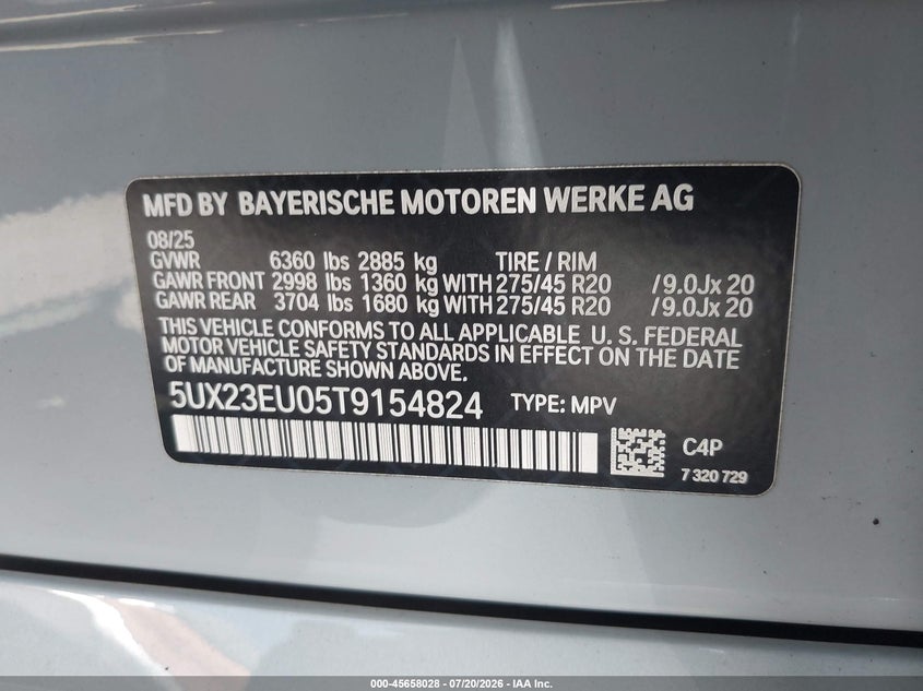 2026 BMW X5 VIN 5UX23EU05T9154824 IAAI salvage auction — FRONT END, Clear (New Jersey), sold $44,000 on 2026-07-26 (photo 9)