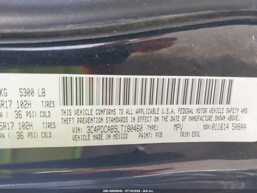 2020 Dodge Journey VIN 3C4PDCAB5LT180460 IAAI salvage auction — NORMAL WEAR, Clear (Louisiana), sold $3,500 on 2026-08-09 (photo 9)