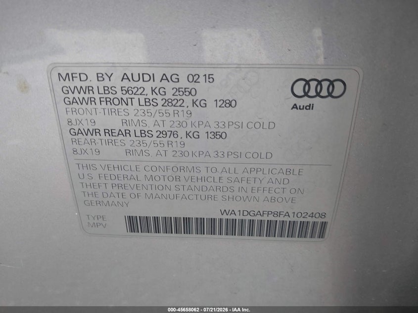 2015 Audi Q5 VIN WA1DGAFP8FA102408 IAAI salvage auction — FRONT END, Salvage (Pennsylvania), sold $1,100 on 2026-08-01 (photo 9)