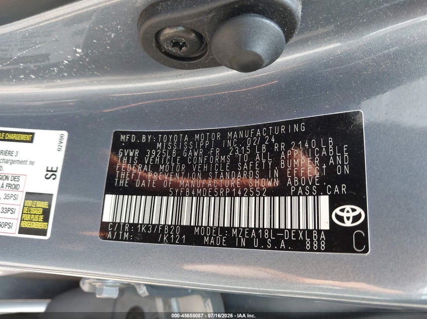 2024 Toyota Corolla VIN 5YFB4MDE5RP142552 IAAI salvage auction — RIGHT REAR, Enterprise Vehicles Clear Only (Maryland), sold $3,750 on 2026-07-24 (photo 9)