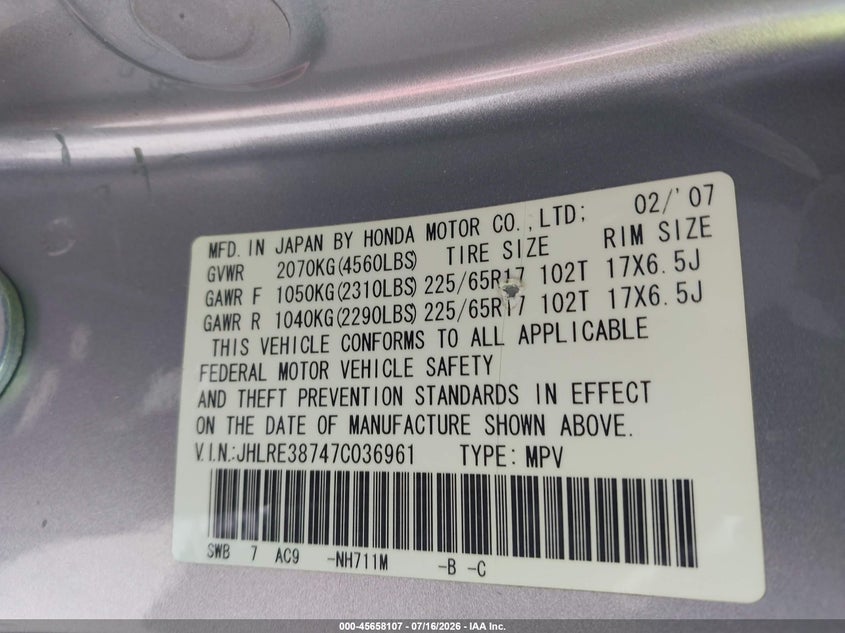 2007 Honda Cr-v VIN JHLRE38747C036961 IAAI salvage auction — NORMAL WEAR, Clear - Dealer Only (California), sold $700 on 2026-07-29 (photo 9)