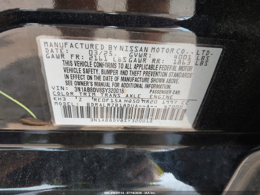 2025 Nissan Sentra VIN 3N1AB8DV8SY320018 IAAI salvage auction — LEFT FRONT, Salvage Title, sold $4,600 on 2026-07-19 (photo 9)