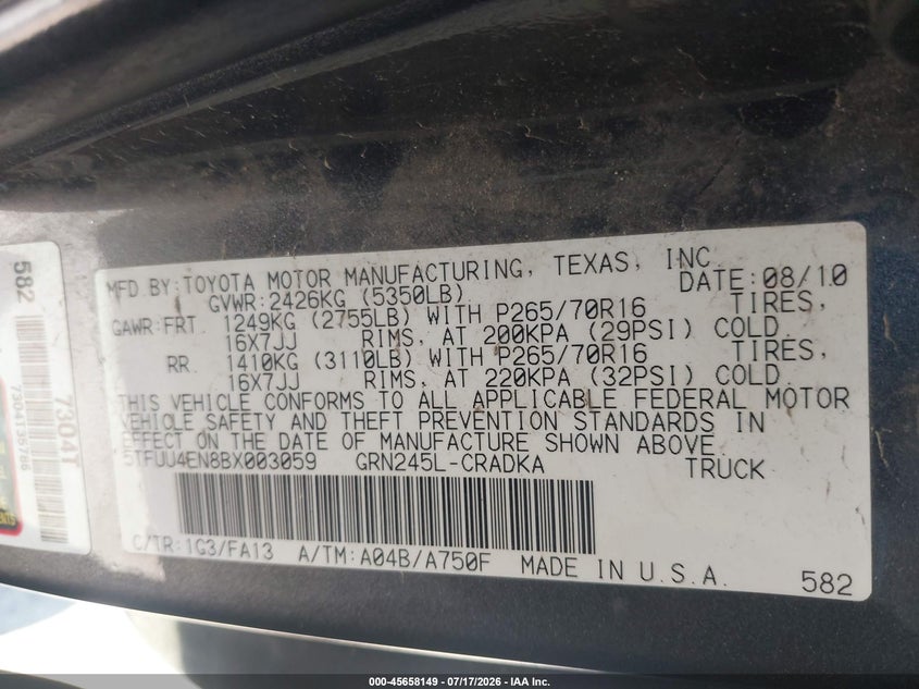 2011 Toyota Tacoma VIN 5TFUU4EN8BX003059 IAAI salvage auction — NORMAL WEAR, Original (New Hampshire), sold $25 on 2026-07-29 (photo 9)