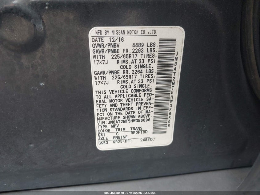 2017 Nissan Rogue VIN JN8AT2MT5HW386696 IAAI salvage auction — LEFT FRONT, Salvage Title, sold $25 on 2026-07-31 (photo 9)