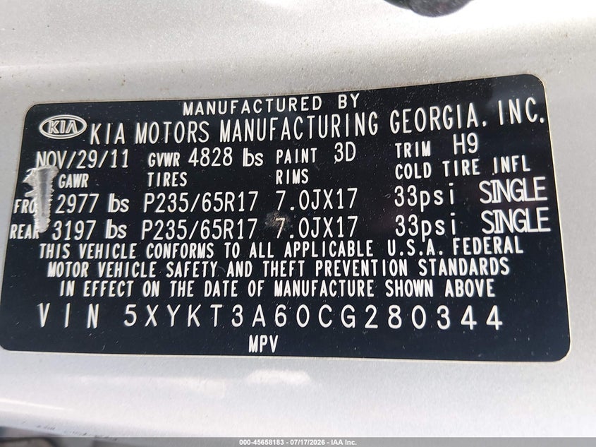 2012 Kia Sorento VIN 5XYKT3A60CG280344 IAAI salvage auction — NORMAL WEAR, Clear (North Carolina), sold $875 on 2026-08-01 (photo 9)