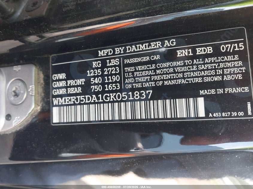 2016 Smart Fortwo VIN WMEFJ5DA1GK051837 IAAI salvage auction — FRONT END, Salvage Title, sold $1,200 on 2026-08-21 (photo 9)
