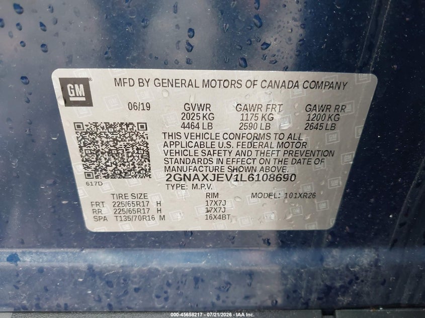 2020 Chevrolet Equinox VIN 2GNAXJEV1L6108690 IAAI salvage auction — FRONT & REAR, Wait Title, sold $1,875 on 2026-09-03 (photo 9)