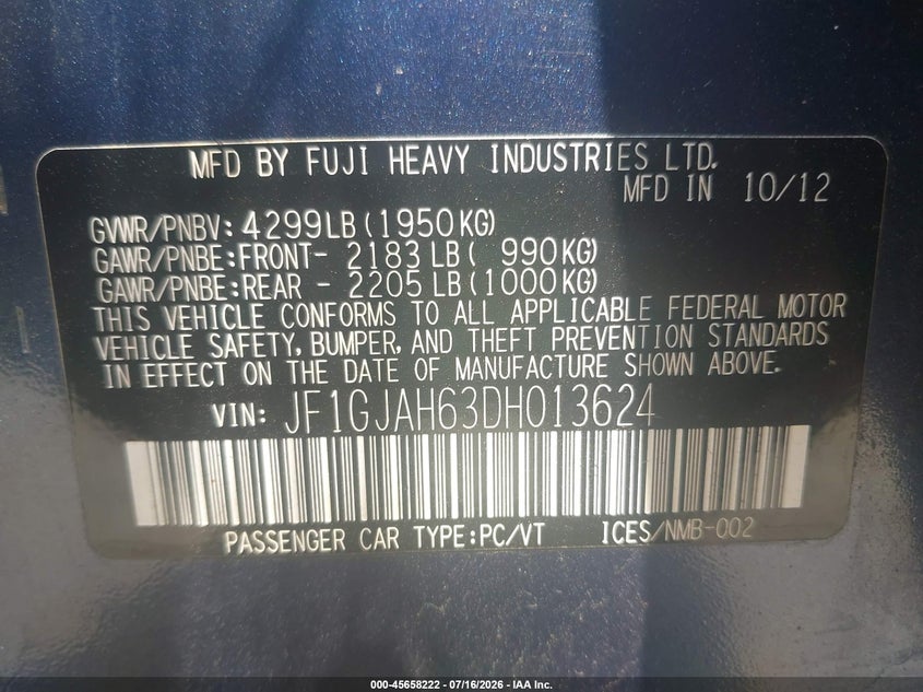 2013 Subaru Impreza VIN JF1GJAH63DH013624 IAAI salvage auction — NORMAL WEAR, Clear (Massachusetts), sold $900 on 2026-07-31 (photo 9)