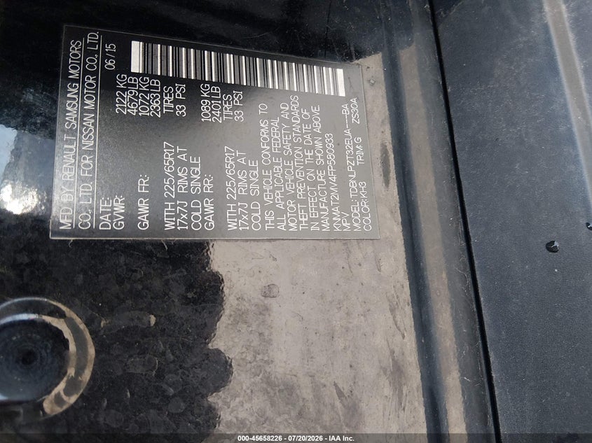2015 Nissan Rogue sport VIN KNMAT2MV4FP580933 IAAI salvage auction — TRANSMISSION, Prior Salvage (Minnesota), sold $300 on 2026-07-29 (photo 9)