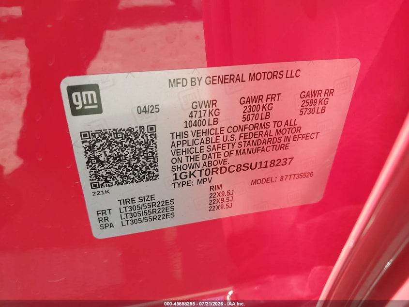 2025 Gmc Hummer ev VIN 1GKT0RDC8SU118237 IAAI salvage auction — FRONT END, Salvage Title, sold $29,750 on 2026-10-06 (photo 8)