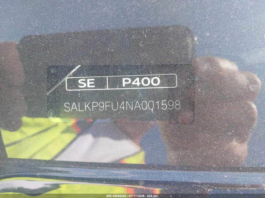 2022 Land rover RANGE ROVER VIN SALKP9FU4NA001598 IAAI salvage auction — FRONT END, Mv-907A (New York), sold $38,250 on 2026-07-29 (photo 9)