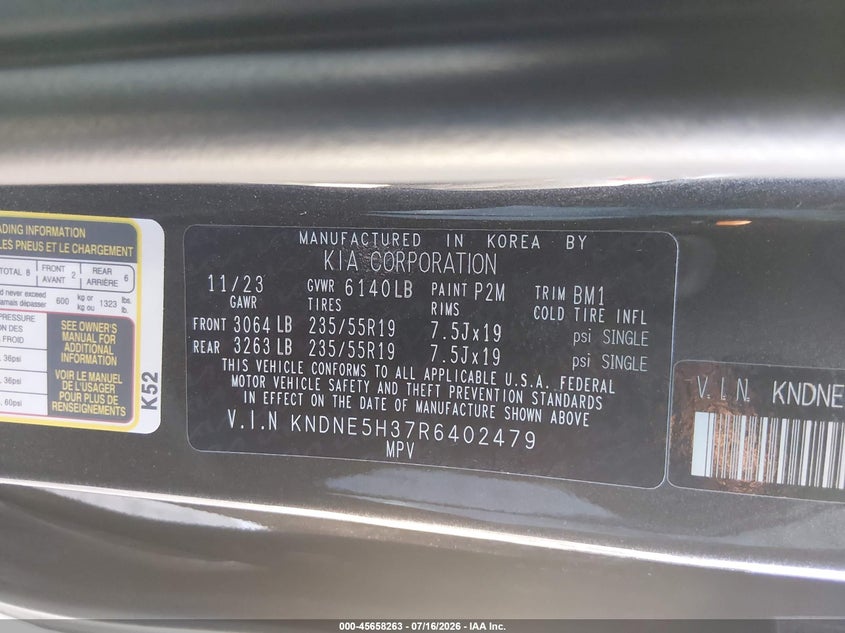 2024 Kia Carnival VIN KNDNE5H37R6402479 IAAI salvage auction — RIGHT FRONT, Salvage Title, sold $12,700 on 2026-07-29 (photo 9)