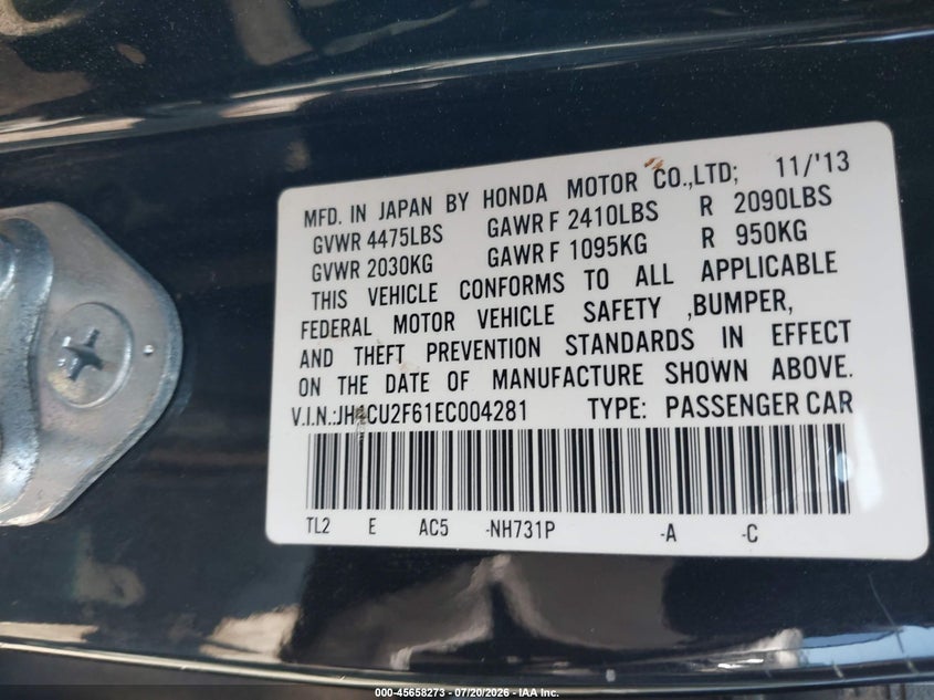 2014 Acura Tsx VIN JH4CU2F61EC004281 IAAI salvage auction — NORMAL WEAR, Clear (Pennsylvania), sold $2,250 on 2026-07-31 (photo 9)