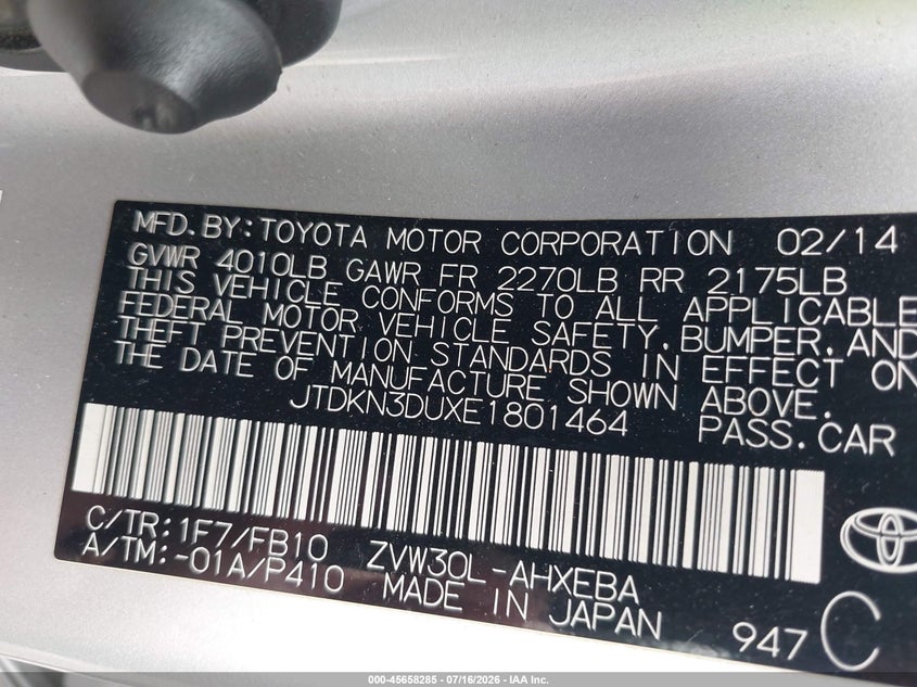 2014 Toyota Prius VIN JTDKN3DUXE1801464 IAAI salvage auction — NORMAL WEAR, Original (Texas), sold $1,200 on 2026-07-29 (photo 9)