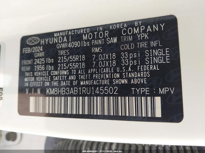 2024 Hyundai Kona VIN KM8HB3AB1RU145502 IAAI salvage auction — RIGHT FRONT, Salvage Title, sold $8,000 on 2026-07-23 (photo 9)