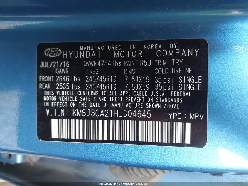 2017 Hyundai Tucson VIN KM8J3CA21HU304645 IAAI salvage auction — NORMAL WEAR, Clear (Illinois), sold $3,825 on 2026-07-22 (photo 9)