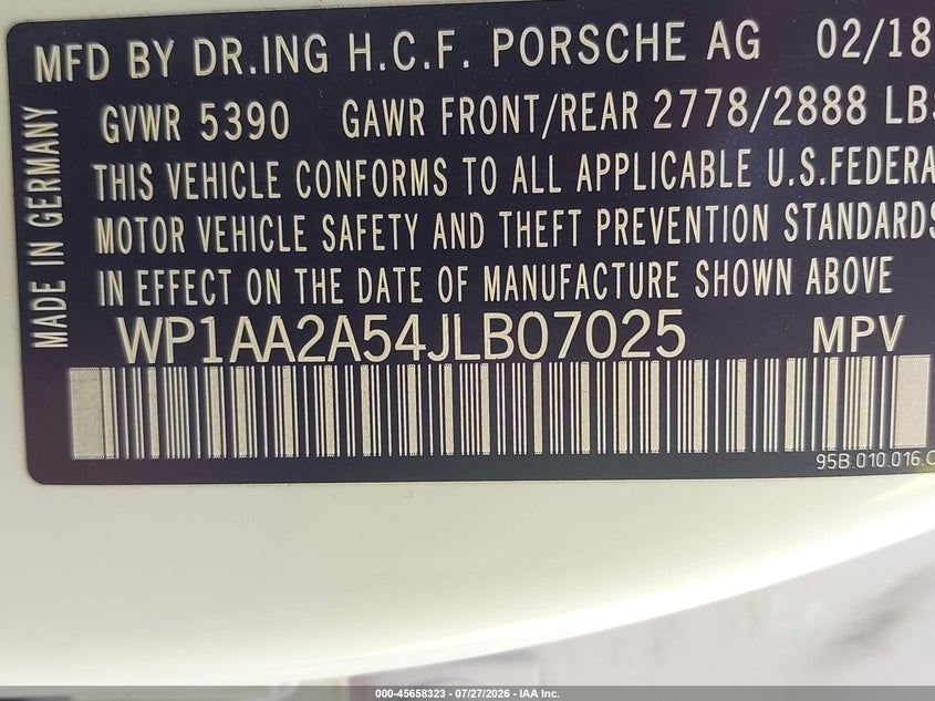 2018 Porsche Macan VIN WP1AA2A54JLB07025 IAAI salvage auction — FRONT END, Salvage Title, sold $7,800 on 2026-09-05 (photo 9)