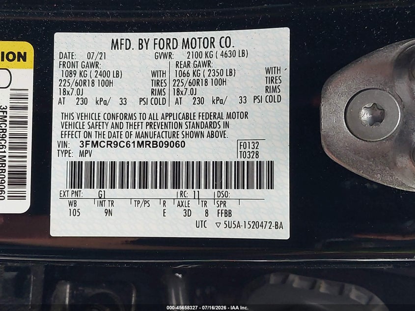 2021 Ford Bronco sport VIN 3FMCR9C61MRB09060 IAAI salvage auction — NORMAL WEAR, Clear (New Hampshire), sold $12,850 on 2026-07-29 (photo 9)
