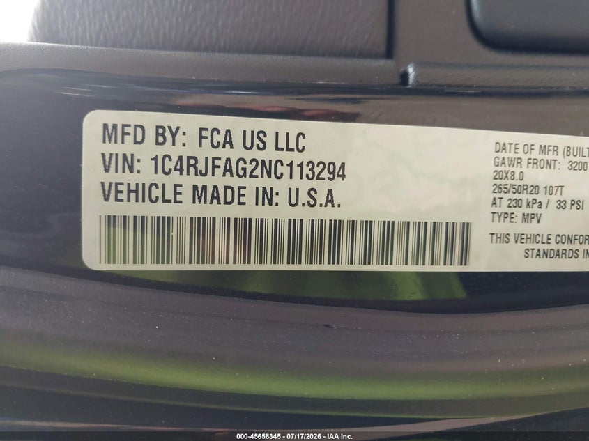 2022 Jeep Grand cherokee VIN 1C4RJFAG2NC113294 IAAI salvage auction — FRONT END, Salvage Title, sold $7,500 on 2026-08-01 (photo 9)