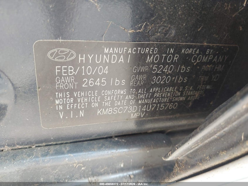 2004 Hyundai Santa fe VIN KM8SC73D14U715760 IAAI salvage auction — NORMAL WEAR, Clear (Virginia), sold $25 on 2026-07-28 (photo 9)