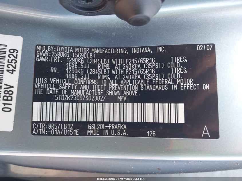 2007 Toyota Sienna VIN 5TDZK23C97S023027 IAAI salvage auction — NORMAL WEAR, Clear (Florida), sold $1,375 on 2026-07-28 (photo 9)