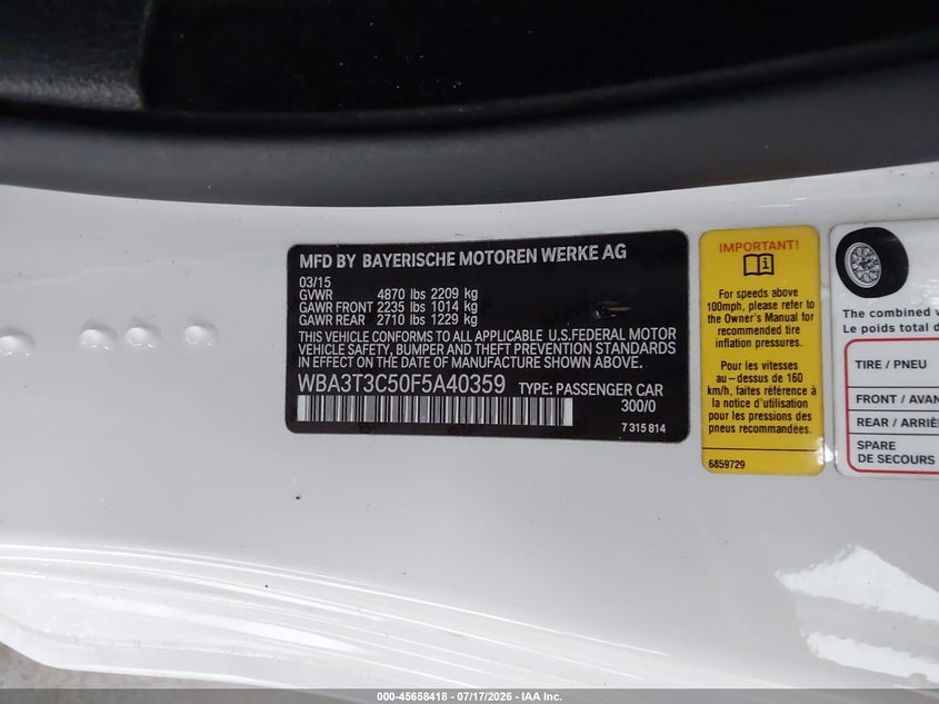2015 BMW 4er VIN WBA3T3C50F5A40359 IAAI salvage auction — WATER/FLOOD, Salvage Title, sold $2,800 on 2026-08-12 (photo 9)