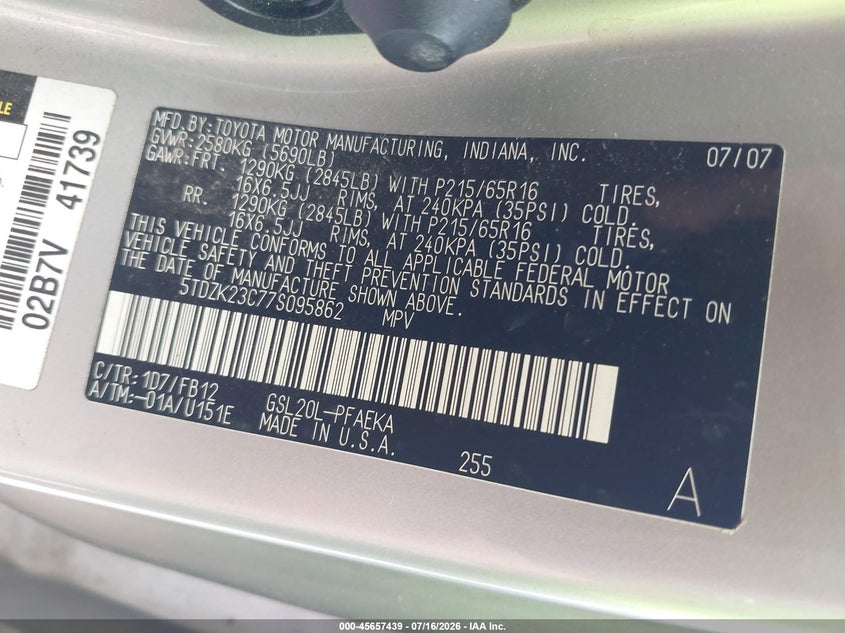 2007 Toyota Sienna VIN 5TDZK23C77S095862 IAAI salvage auction — NORMAL WEAR, Clear (Illinois), sold $25 on 2026-07-29 (photo 9)