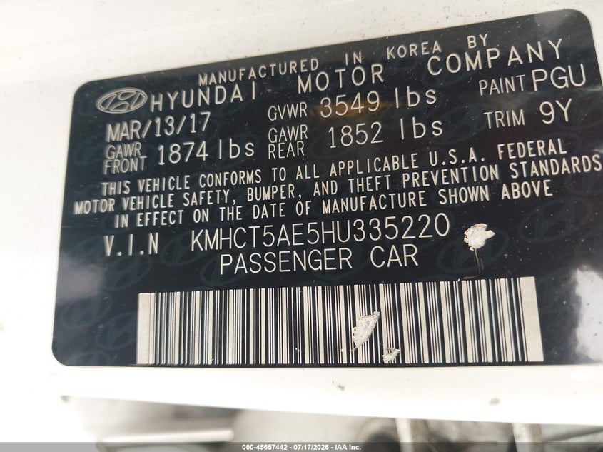 2017 Hyundai Accent VIN KMHCT5AE5HU335220 IAAI salvage auction — NORMAL WEAR, Clear (Delaware), sold $225 on 2026-07-30 (photo 9)