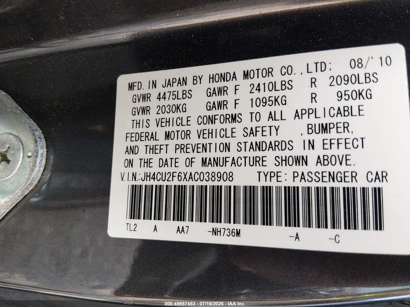 2010 Acura Tsx VIN JH4CU2F6XAC038908 IAAI salvage auction — NORMAL WEAR, Clear (Virginia), sold $875 on 2026-07-31 (photo 9)