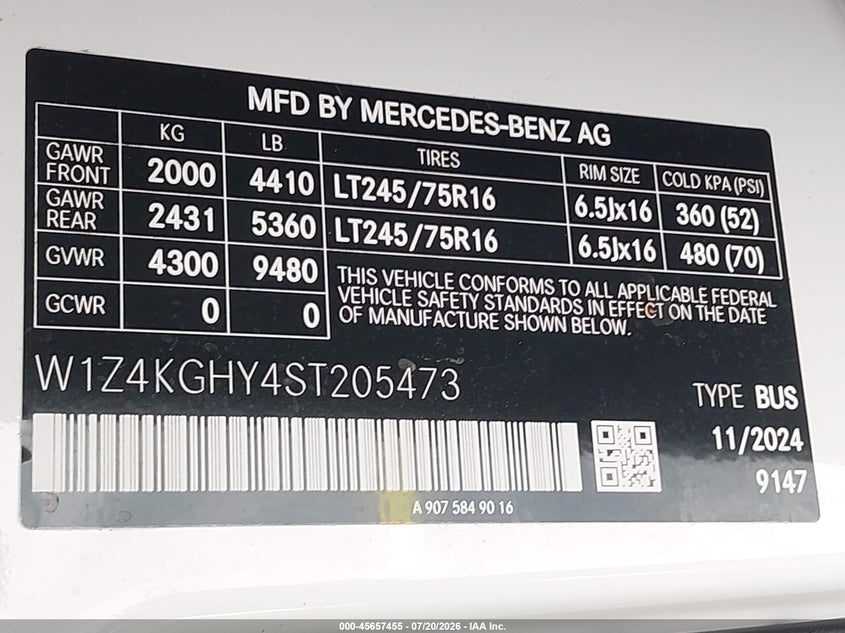 2025 Mercedes-benz Sprinter VIN W1Z4KGHY4ST205473 IAAI salvage auction — MECHANICAL, Clear (Florida), sold $3,000 on 2026-07-23 (photo 9)