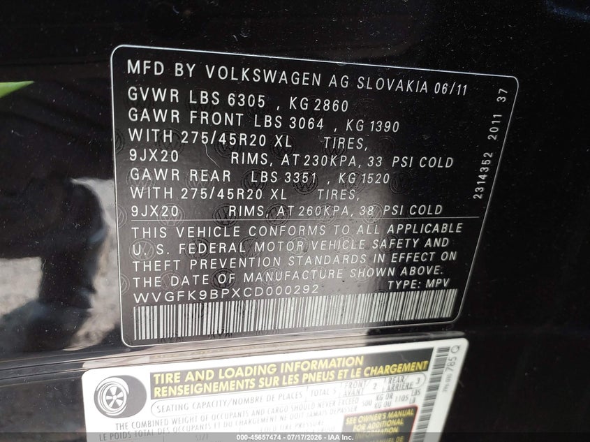2012 Volkswagen Touareg VIN WVGFK9BPXCD000292 IAAI salvage auction — NORMAL WEAR, Clear (New Jersey), sold $125 on 2026-07-30 (photo 9)