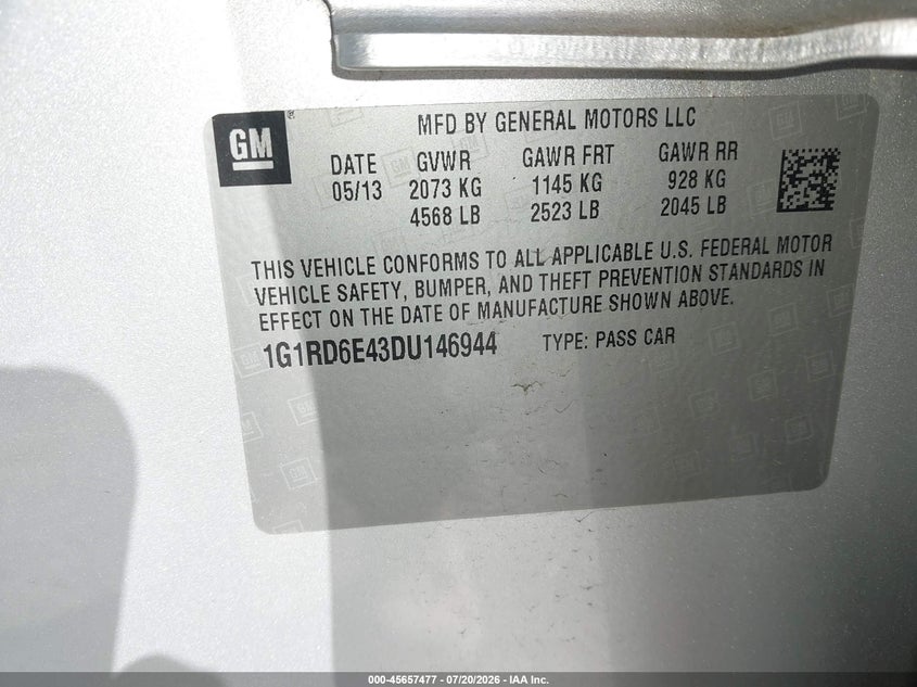 2013 Chevrolet Volt VIN 1G1RD6E43DU146944 IAAI salvage auction — REAR END, Salvage (Pennsylvania), sold $1,650 on 2026-07-26 (photo 9)