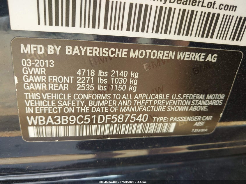 2013 BMW 3er VIN WBA3B9C51DF587540 IAAI salvage auction — NORMAL WEAR, Clear (Virginia), sold $625 on 2026-07-27 (photo 9)