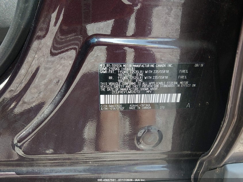 2018 Toyota Rav 4 VIN 2T3JFREV1JW828213 IAAI salvage auction — UNKNOWN, Salvage Title, sold $9,400 on 2026-07-30 (photo 9)
