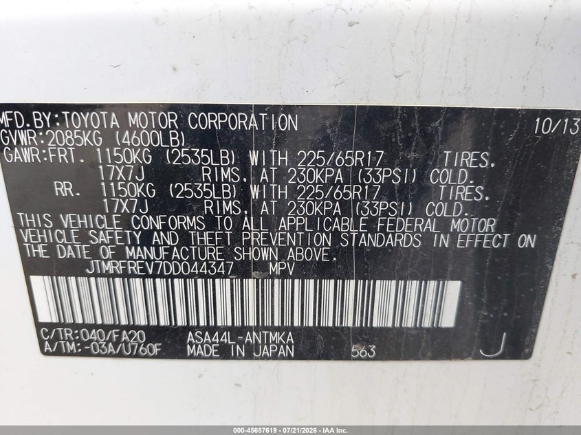2013 Toyota Rav 4 VIN JTMRFREV7DD044347 IAAI salvage auction — NORMAL WEAR, Original (Maine), sold $650 on 2026-07-27 (photo 9)