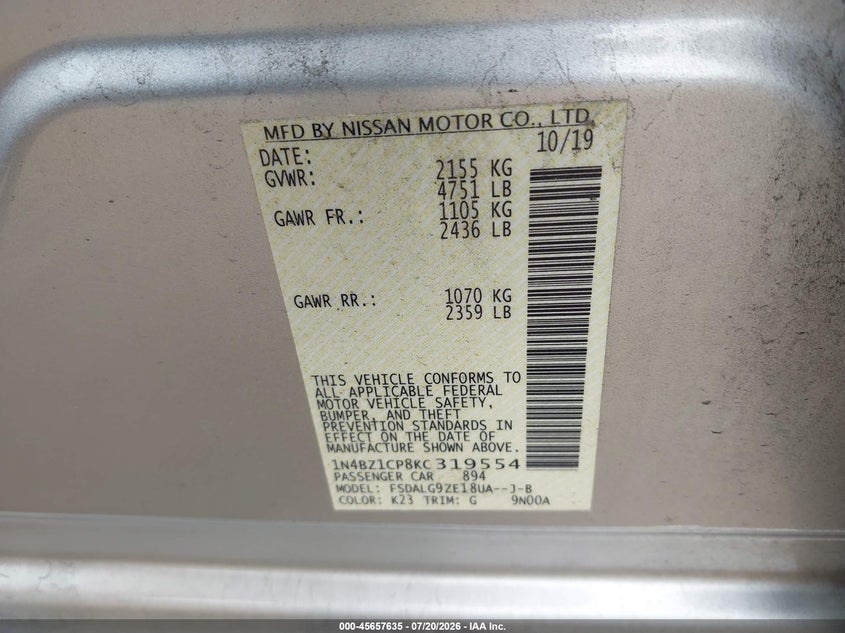 2019 Nissan Leaf VIN 1N4BZ1CP8KC319554 IAAI salvage auction — FRONT END, Salvage - Greater Than 75% (Maryland), sold $6,200 on 2026-07-26 (photo 9)