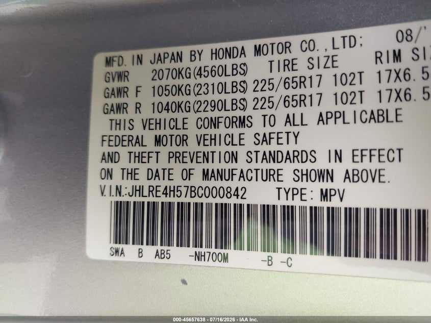 2011 Honda Cr-v VIN JHLRE4H57BC000842 IAAI salvage auction — NORMAL WEAR, Clear (Pennsylvania), sold $2,250 on 2026-07-24 (photo 9)