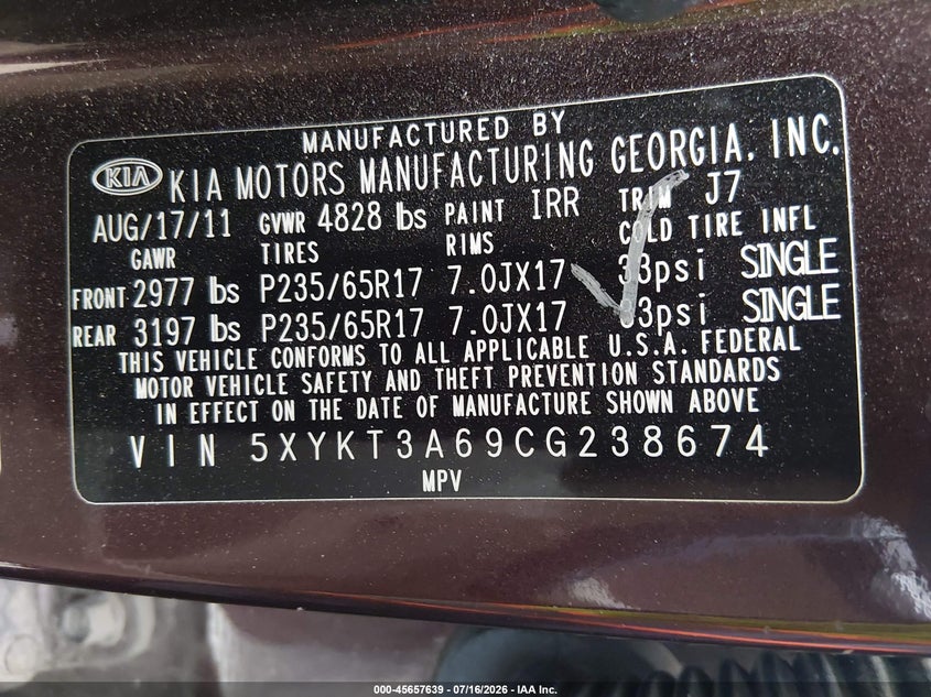 2012 Kia Sorento VIN 5XYKT3A69CG238674 IAAI salvage auction — NORMAL WEAR, Salvage Title, sold $25 on 2026-07-28 (photo 9)