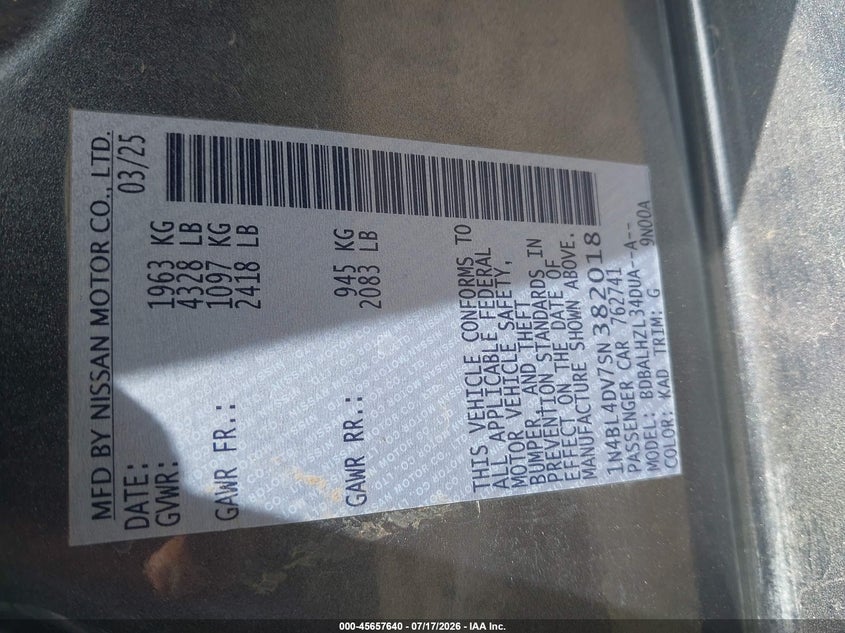 2025 Nissan Altima VIN 1N4BL4DV7SN382018 IAAI salvage auction — SUSPENSION, Enterprise Vehicles Salvage Only (Texas), sold $7,000 on 2026-07-29 (photo 9)