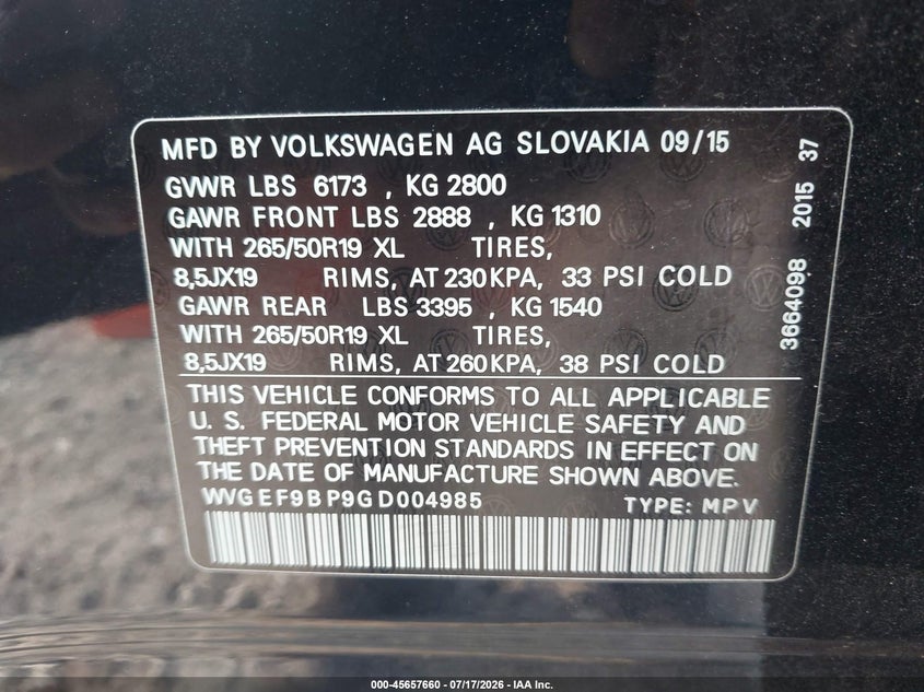 2016 Volkswagen Touareg VIN WVGEF9BP9GD004985 IAAI salvage auction — FRONT END, Salvage Title, sold $3,650 on 2026-08-11 (photo 9)