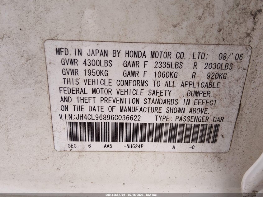 2006 Acura Tsx VIN JH4CL96896C036622 IAAI salvage auction — NORMAL WEAR, Clear (New Jersey), sold $550 on 2026-07-27 (photo 9)