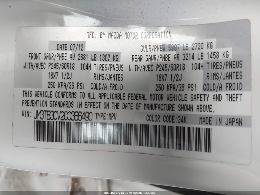 2012 Mazda Cx-9 VIN JM3TB3CV2C0366490 IAAI salvage auction — NORMAL WEAR, Clear (Pennsylvania), sold $500 on 2026-07-31 (photo 9)