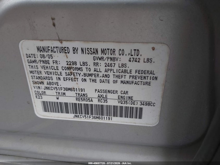 2006 Infiniti G35 VIN JNKCV51F36M601191 IAAI salvage auction — NORMAL WEAR, Clear (North Carolina), sold $25 on 2026-07-28 (photo 9)